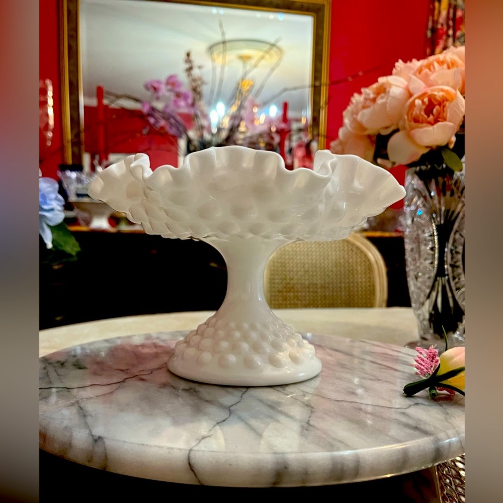 Vintage Fenton Hobnail Milk Glass Compote w Ruffled Rim, Candy Dish, 1950-60s